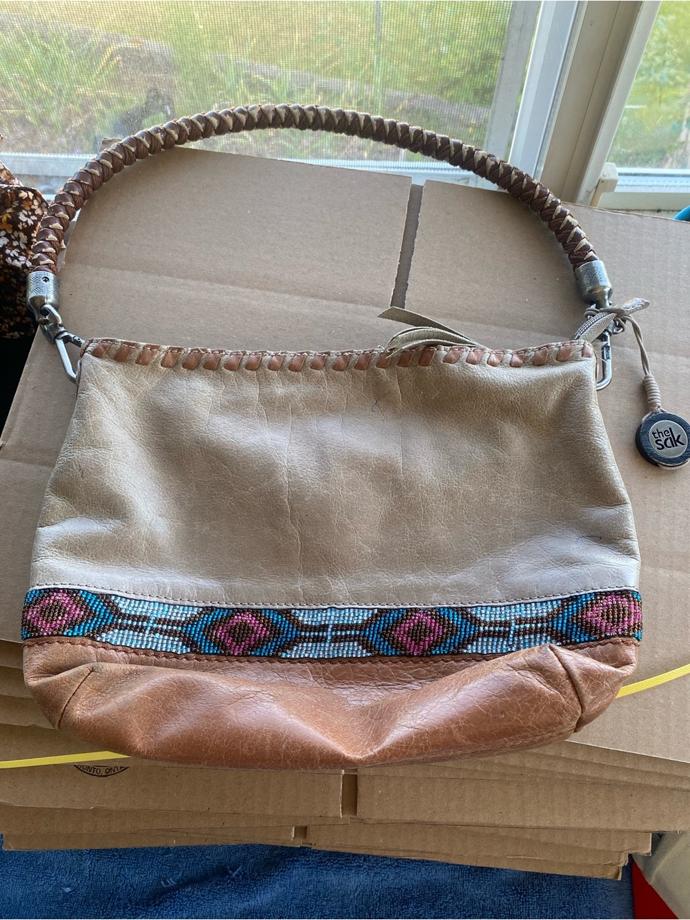 The Sak Two-Tone Leather Shoulder Bag with Beaded Trim